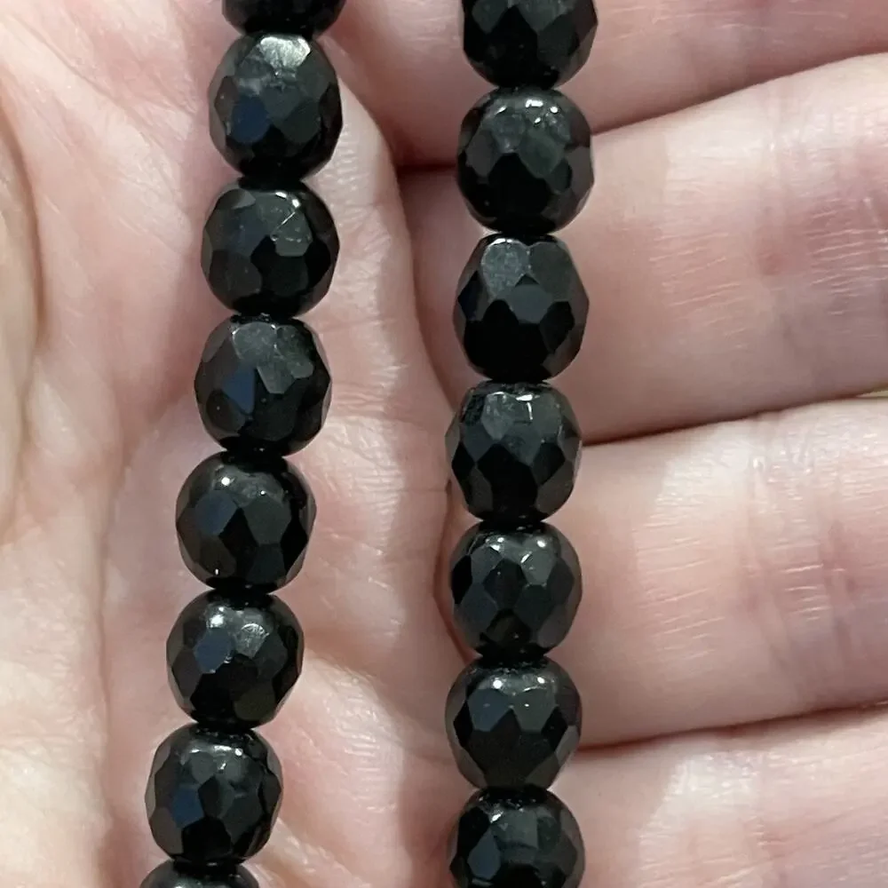 Vintage Glass Necklace Faceted Black Beads 7.5mm Unique Detailed Box Clasp 22”